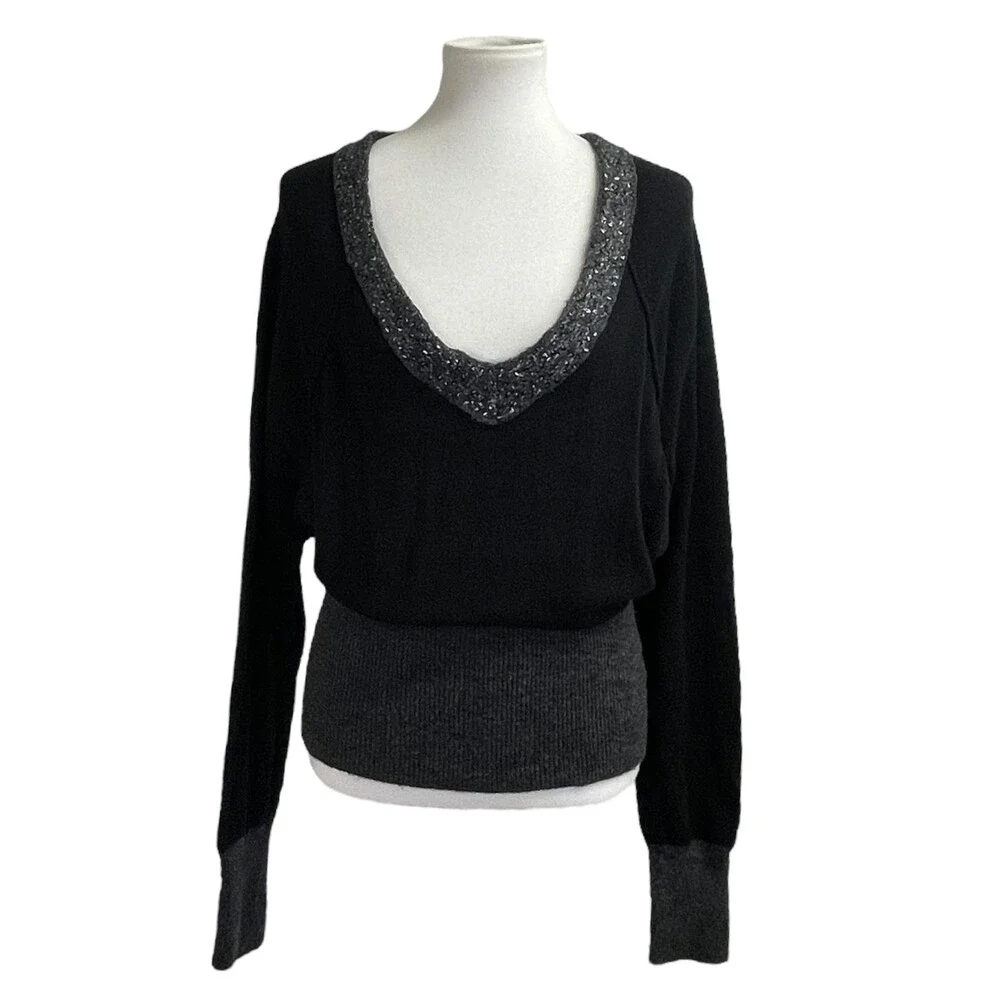 Free People Deep V Neck Sweater. Large. Wool Blend slouchy grey gray black shiny